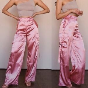 Persaya High Waisted Wide Leg Satin Cargo Parachute Pants Size Large Lavender